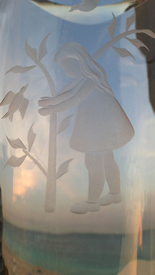 RARE Signed Glass STEUBEN Engraved Girl & Birds HEART VASE 10