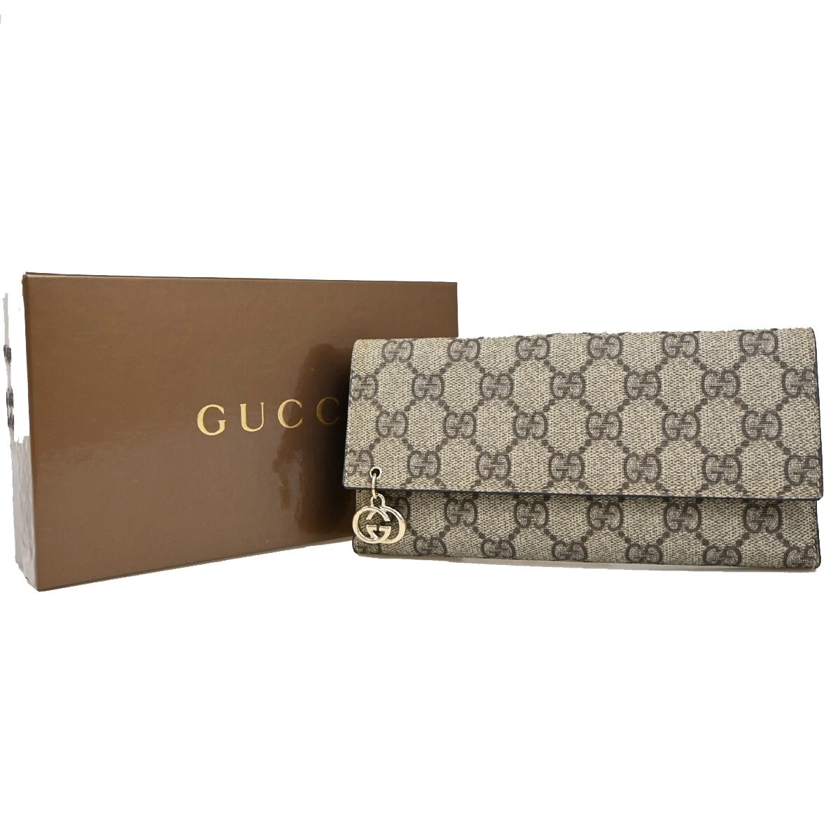 Portefeuille long double pli motif GUCCI logo GG cuir suprême marron 84RF274