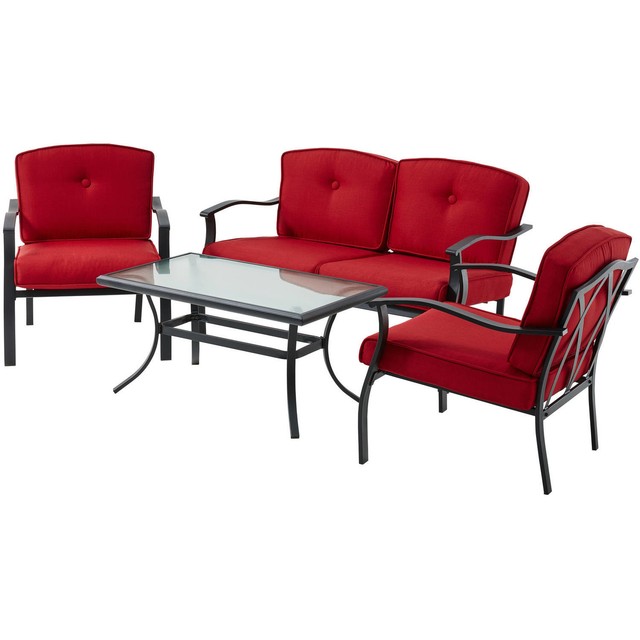 Mainstays Belden Park 4 Piece Outdoor Sofa Set Seats Outdoor 4 Piece Cushioned Furniture Garden Patio Set Sofa Sectional Loveseat