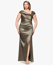 Xscape Plus Size Ruched Asymmetrical Neck High Slit Gown, Olive Green, Size-18W