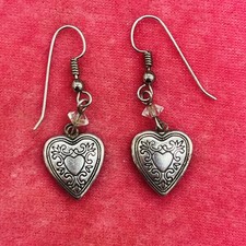 Sterling Silver Puffy Heart Dangle Earrings Floral Etched Floral 1.5in 3g