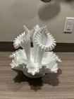 Large Fenton Silver Crest 3- Horn Epergne White Milk Glass W/ Clear Glass Edges