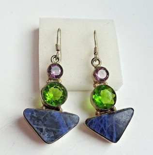 Vintage Ohrringe Sodalith Peridot Amethyst Optik Versilbert mit 925 Punze 12 14g