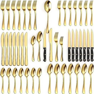 49 Piece Gold Silverware Set - Service for 8 - Stainless Steel Gold Flatware ...