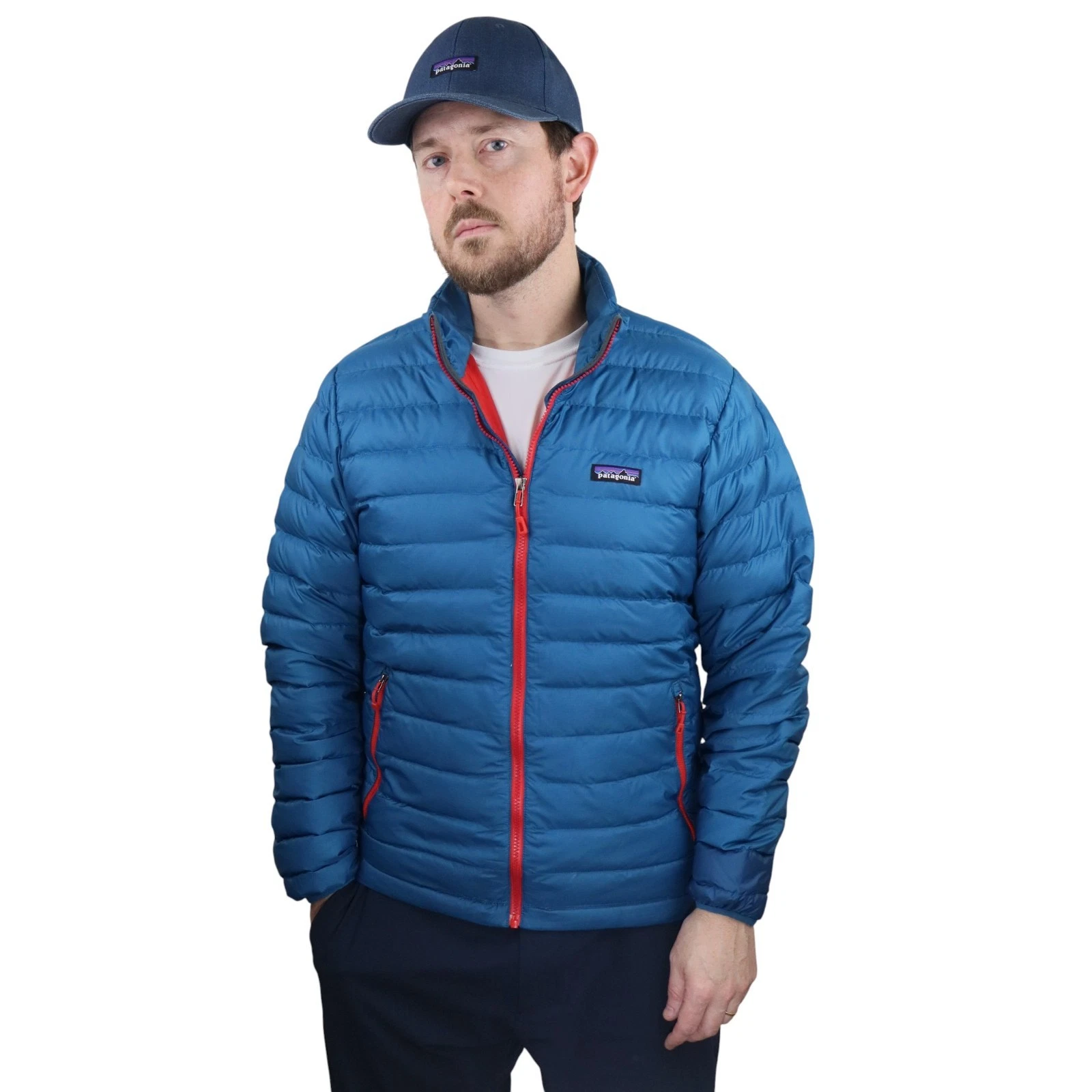 Patagonia Down Sweater Jacket Mens Medium Blue Red Insulated Quilted Puffer Coat