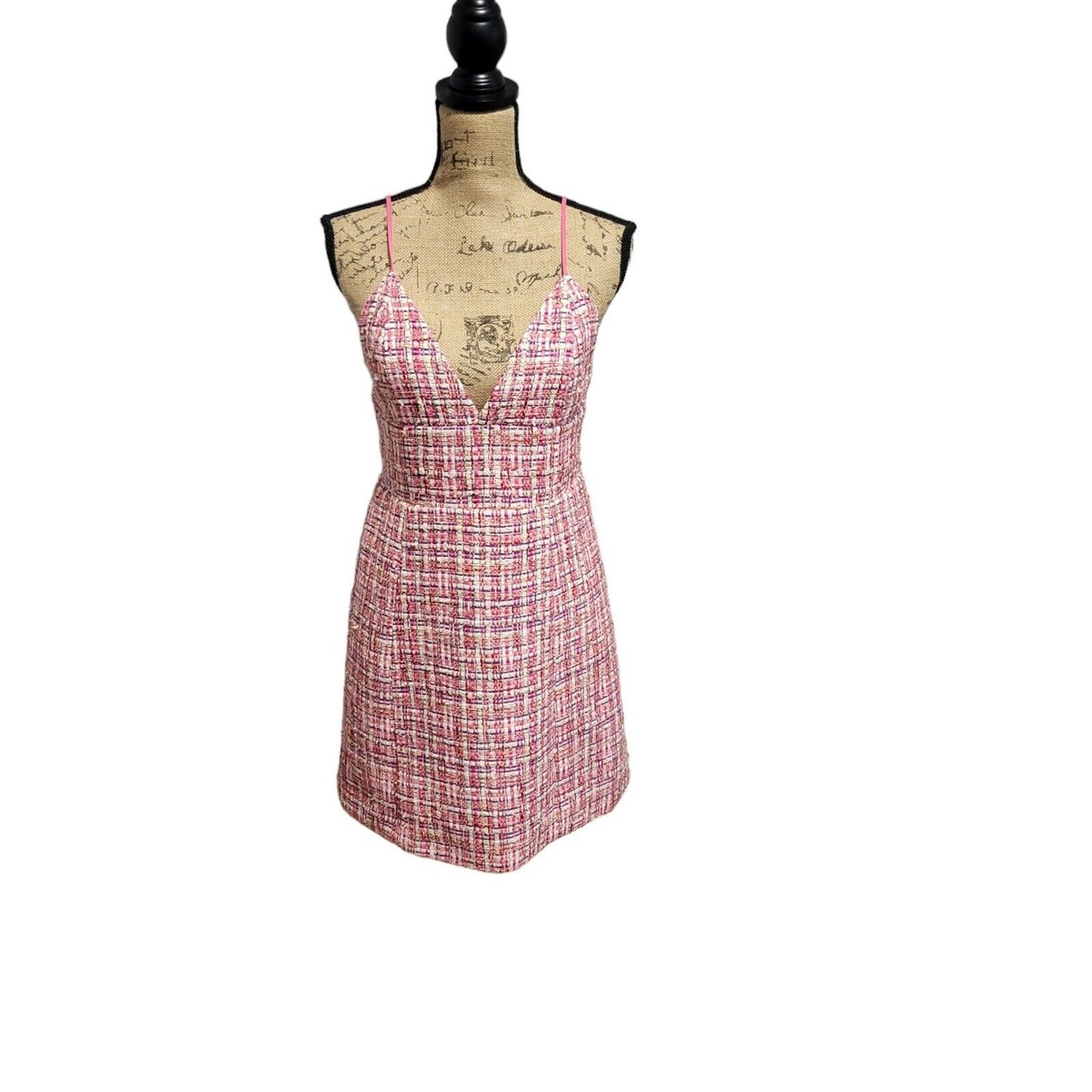 open lace back dress Delaney Pink Tweed Midi Dress M