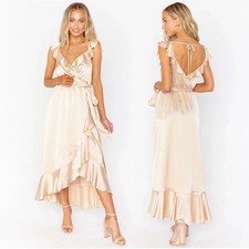 Show Me Your MuMu Samantha Ruffle Wrap Midi Dress Sz Medium Champagne Luxe Satin