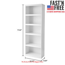 HOT SALE Framed 5-Shelf Bookcase with Adjustable Shelves, White, NEW USA