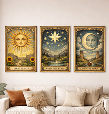 Tarot Wall Art set of 3 sun moon star prints vintage mystical home decor