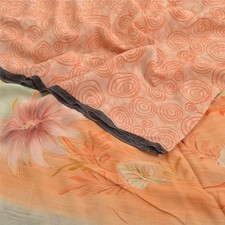 Sanskriti Vintage Saree Peach 100 Pure Crepe Floral Print 5 YD Sari Craft Fabric