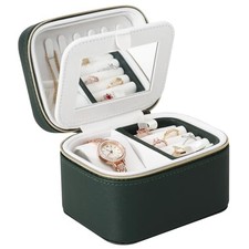 Travel Jewelry Case,Small Jewelry Box with Mirror,Leather Material Green