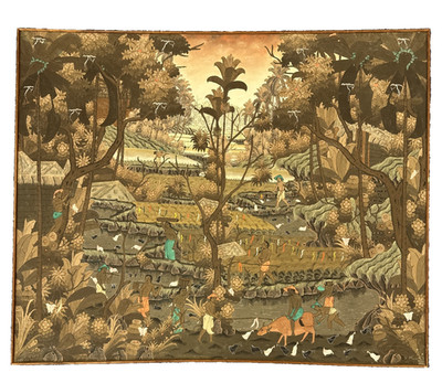 Ende 20. Jh. Ubud Bali Gemälde signiert Brata Mo kompliziertes dynamisches Dorf Kunstwerk