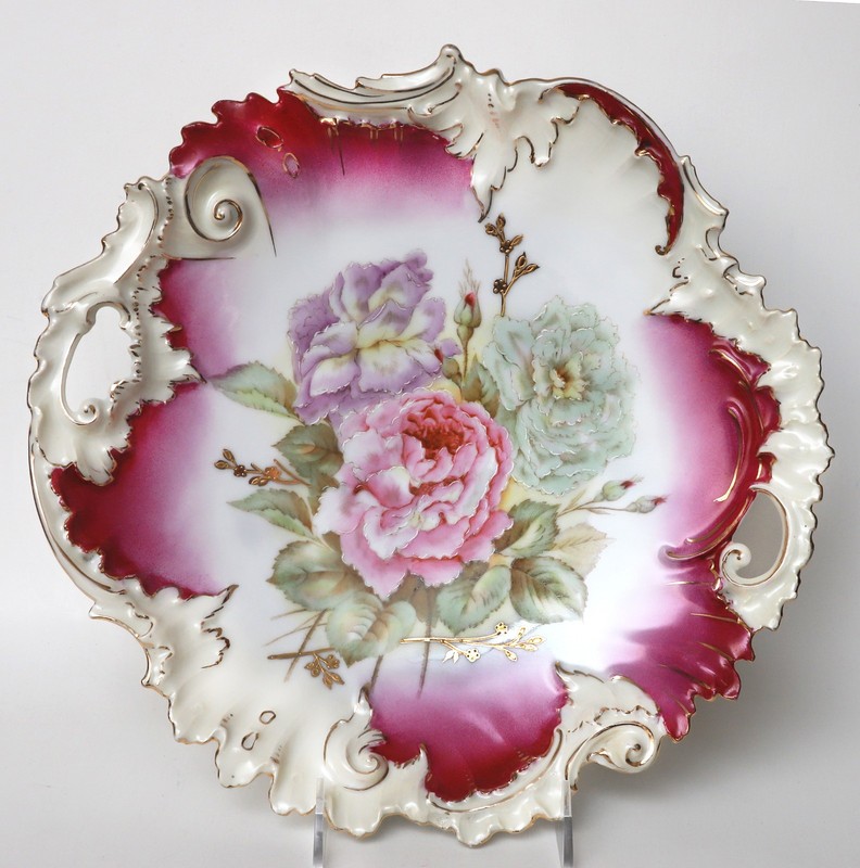 Antique/Vintage Bavarian Porcelain Rose Charger Plate Gilded Scalloped-12 ¼”
