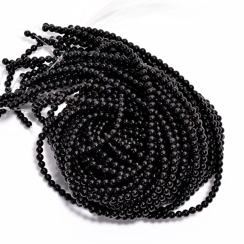 Piedras preciosas de ónix negro natural forma redonda cuentas lisas 4x4,5 mm hilo 15" UGB597 Foto 2 de 3