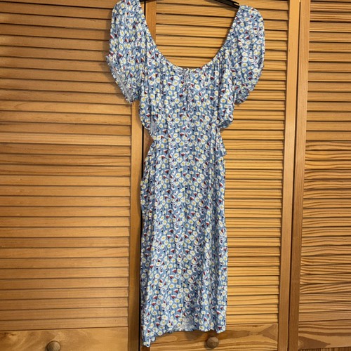 Japna Mini Dress Cut Out Floral Red Blue Size Large Tie Front - Picture 2 of 7