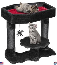 Gothic Cat Tree Tower with Coffin Bed, Scratching Posts  Spider Toy - Black Red