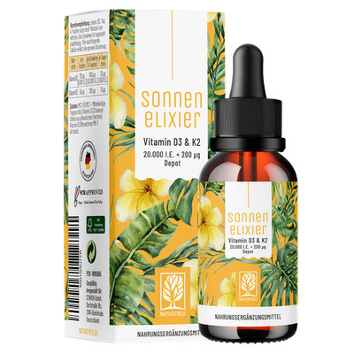 Vitamin D3 K2 Tropfen 20.000 I.E hochdosiert MK7 30ml Sonnenelixier NATURTREU 