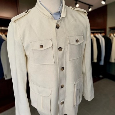 Safari Jacket 44r Off White Linen Blend Mandrian Collar Epaulets MTM Hunting