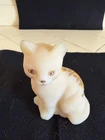 Fenton Art Glass Sitting Cat Roses on Custard Satin Hand Painted & Signed 4"