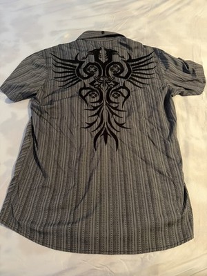 Roar Signature Men s Black Striped Embroidered Gray Button Up Shirt Long Sleeve 
