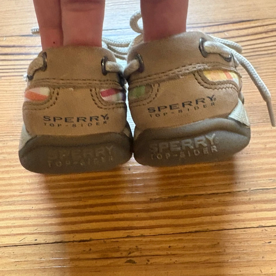 Sperry Top Sider Cuero Tostado Rosa Cuadros Bebé Barco Zapatos TALLA 6.5 Foto 4 de 4
