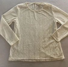 H&M Top Womens Medium Cream Long Sleeve Crew Neck Crochet Mesh Geometric