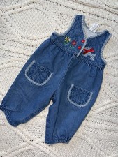 Vintage 90s Denim Overalls Girls Floral And puppy Embroidered 12 Months Infant