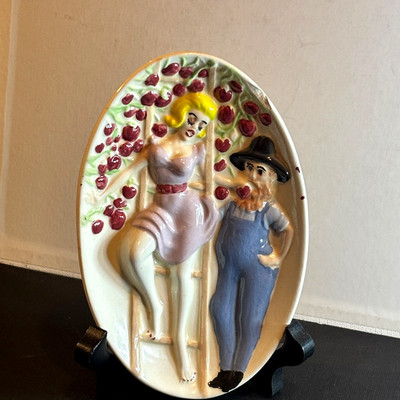 Vintage Naughty Risque Two-sided decorative plate / with  wooden easel
