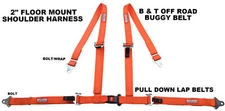 OFF ROAD 4 POINT SEAT BELT RACE HARNESS PULL DOWN LAP BELTS FLOOR MOUNT ORANGE