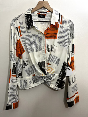 NWOT Womens Newspaper Print Button Up Blouse Top L Shirt Artsy Magazine Y2K 90s