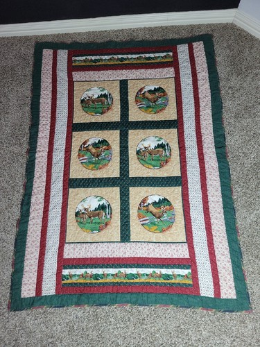 Handmade Patch Green Floral Design Throw Vtg Buck Deer Quilt Bed Hunting Blanket - Picture 2 of 14