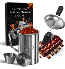 BBQ Sauce Pot and Basting Brush Set with 2 Cups Basting Brush for Grilling BBQ  