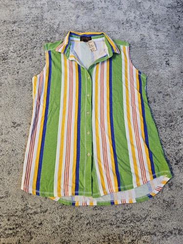 VTG NWT Eddie Bauer Striped Cotton Sleeveless Top Collared Button Down W Medium