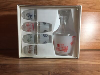 Vintage Decanter & Multi Color 6 Shot Glass Set Service Liqueur France