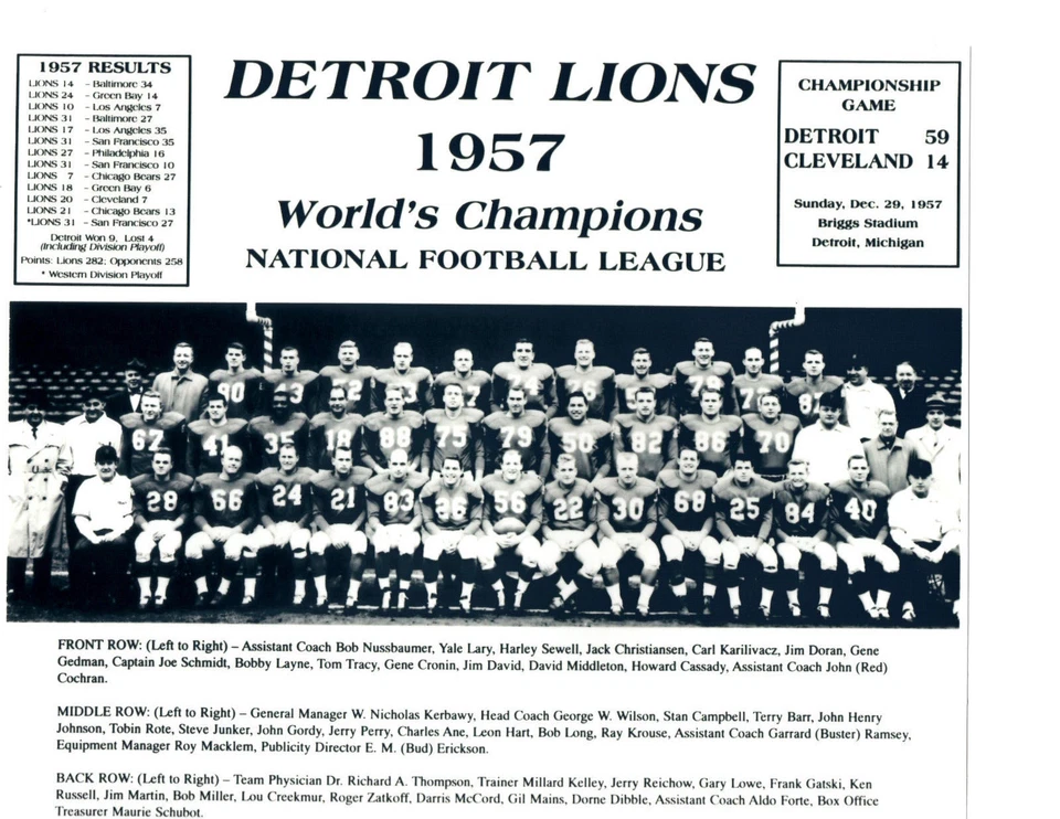 1957 WORLD CHAMPIONS DETROIT LIONS TEAM 8x10 PHOTO NFL FOOTBALL AFL HOF