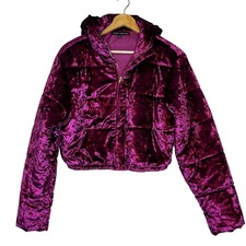 Naked Wardrobe Jacket Womens Large Magenta Velvet Hooded Cropped Puffer Coat