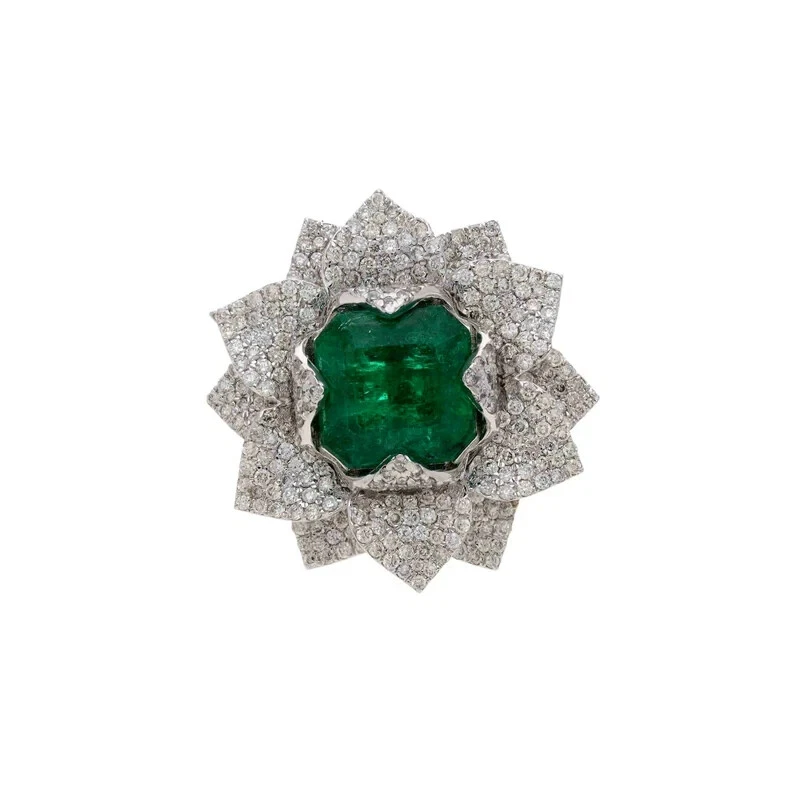 Anillo de mujer 6,18 TCW simulado esmeralda y circonita cúbica elegante diseño flor pétalo plata 935 Foto 3 de 4