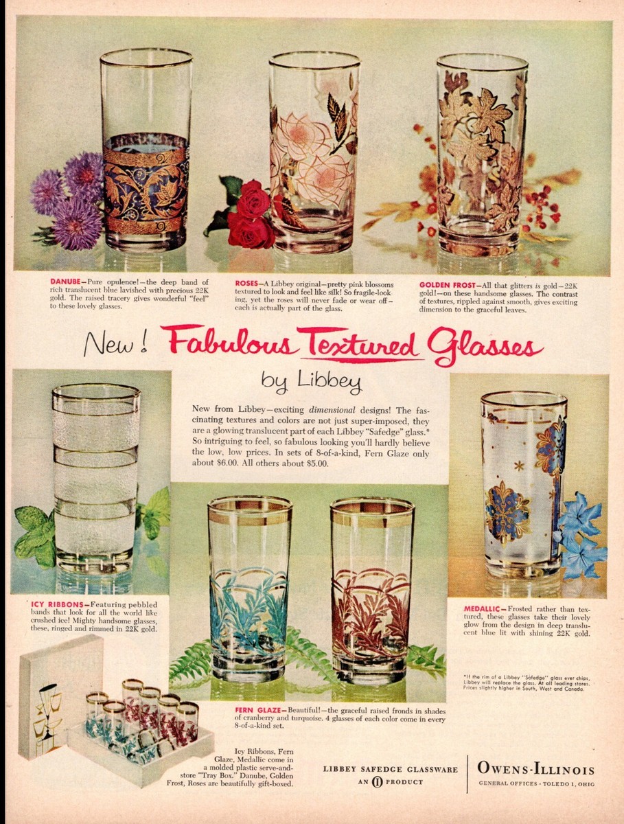 1960 vintage AD for Textured Drinking Glasses by LIBBY , 6 styles 090821