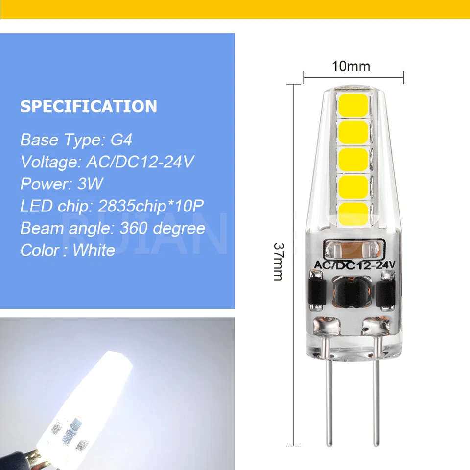 G4 2835 10 LED Auto Boot Caravan Bi-Pin Glühbirne Lampe AC/DC 12V-24V weiß/warm - Bild 4 von 4