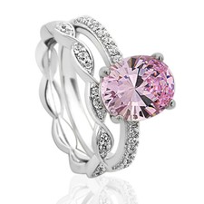 10mm Platinum Plated Silver 2.5ct Pink Oval CZ Wedding Engagement Ring set