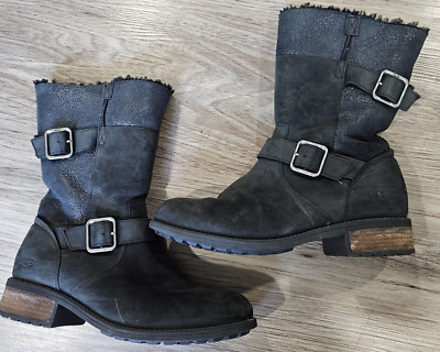 UGG Women's Oregon Boot Black Leather Buckle Size 10 Winter