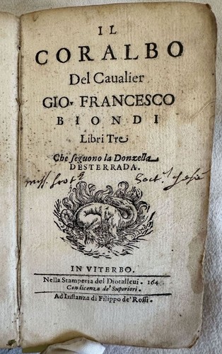 IL CORALBO DEL CAVALIER GIAN FRANCESCO BIONDI 1643 CARLO BOER SARDINIA NOVEL