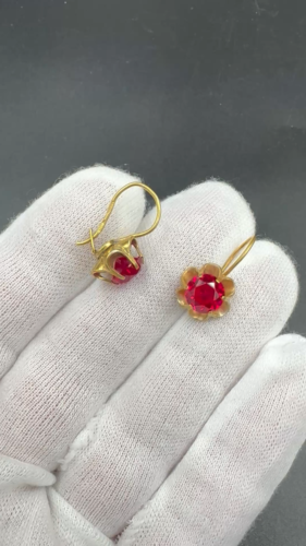 VINTAGE 1970s russian Ukraine jewelry flower Earrings Art SILVER 875 Red Ruby - Video 1 of 1