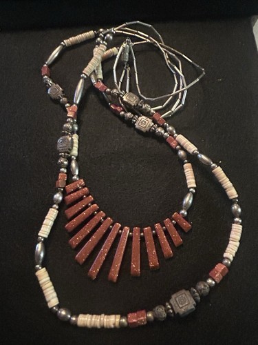 Vintage Southwestern NA STYLE Silver Tone Goldstone Necklace B3 - Picture 7 of 8