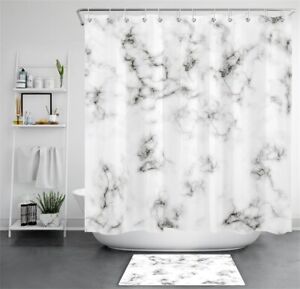 Abstract Black and White Marble Pattern Shower Curtain Set Waterproof Fabric 72" 