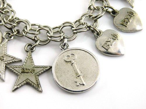1960's Vintage Beta Sigma Phi Heart Star Key 925 Sterling Silver Charm Bracelet - Picture 6 of 12