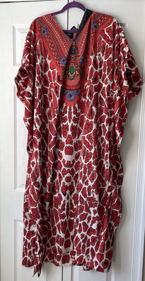 Goddess by Wilma Kaftan One Size Red Embroidered Neckline Boho Dashiki Dress NWT