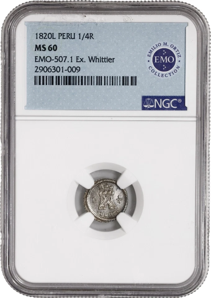 PERU, Lima, 1/4 real, Ferdinand VII, 1820, wide date, NGC MS 60 EMO Collection - Image 3 of 4