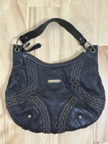 ISABELLA FIORE BROWN LEATHER Bronze Chain Festival HOBO BAG Purse 1990s VTG