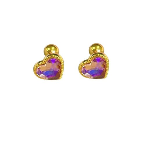Golden Plated Heart Cartilage CZ Stud Earrings for Women Men Colorful Crystal Lo